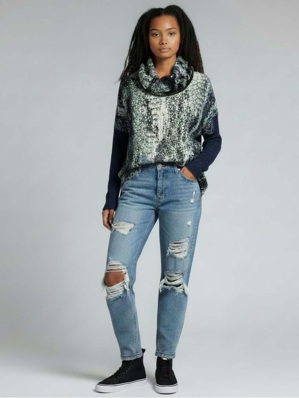 Alberto Makali New York Women’s Blue Multi-Pattern Lace Knit Top, Size Large